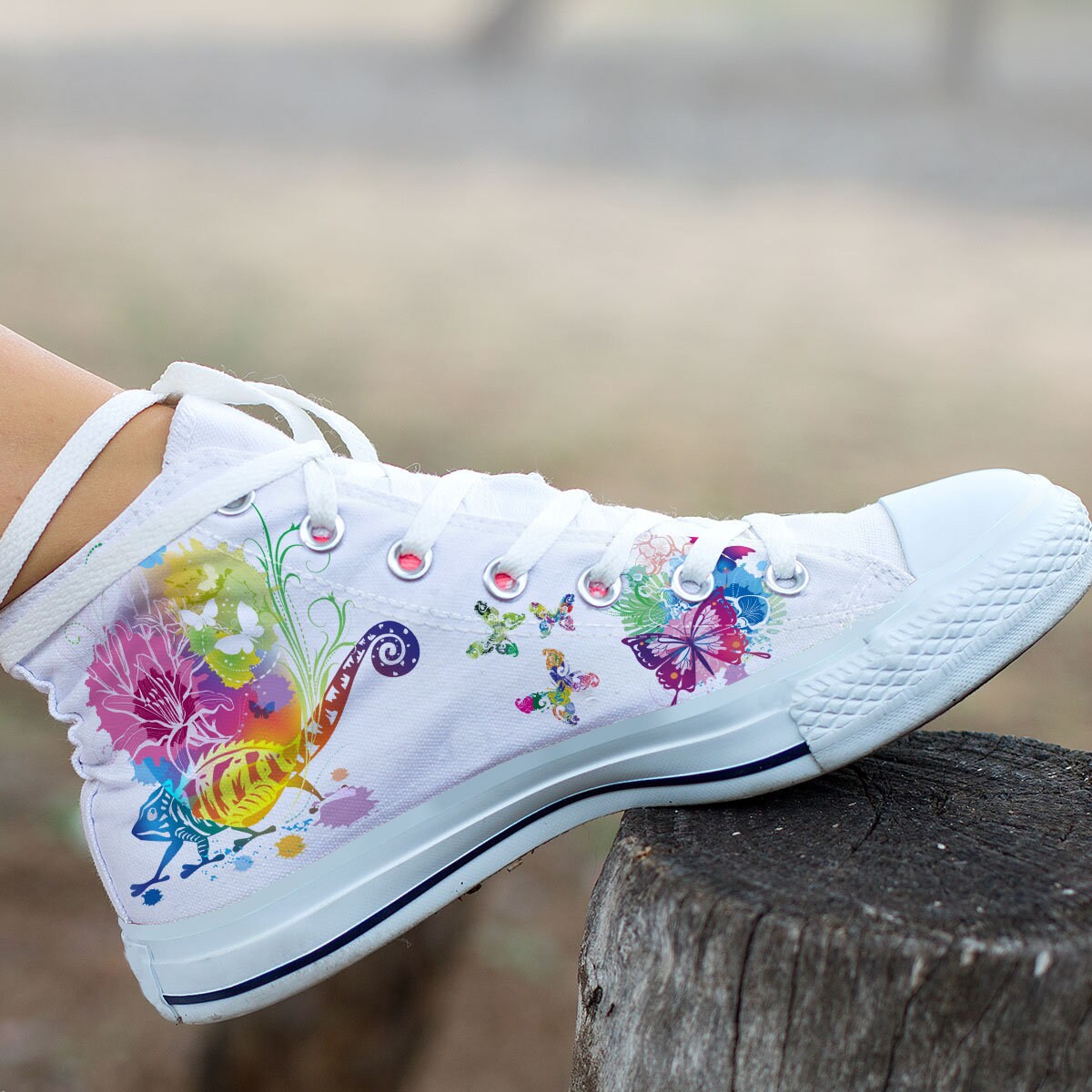Chameleon Butterfly High Tops: Colorful Womens Canvas Sneakers
