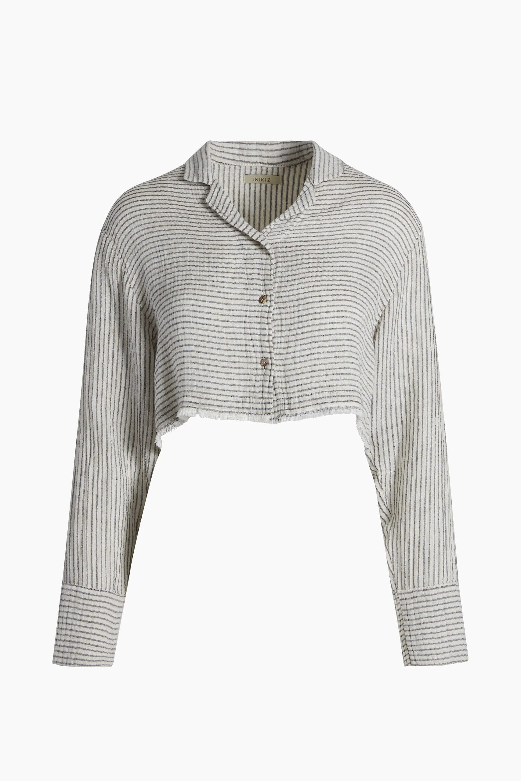 Striped Lyocell Shirt Crop Blouse Collared Detailed