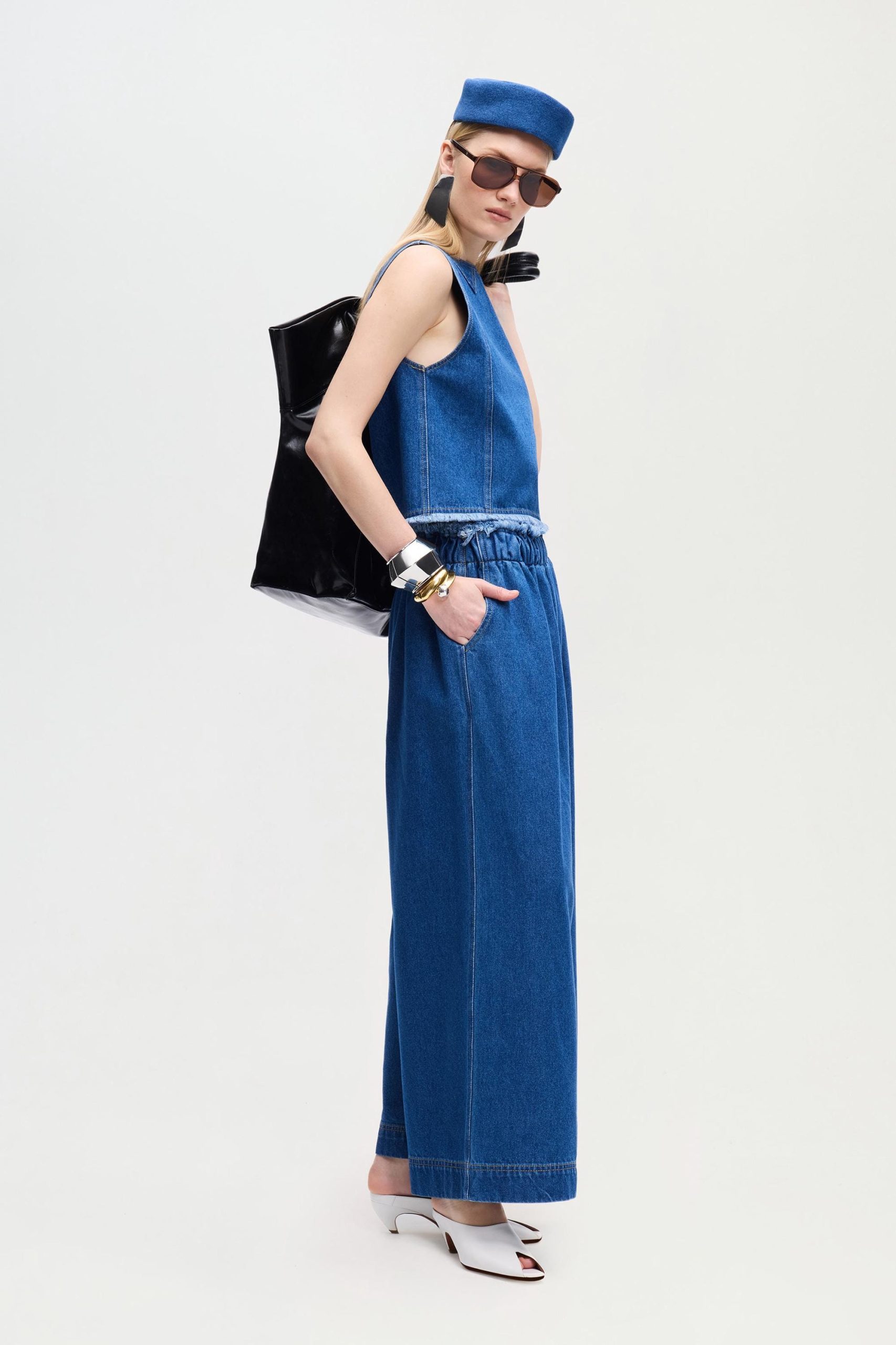 Denim Palazzo Pants Wide Leg Relaxed Lyocell Blend