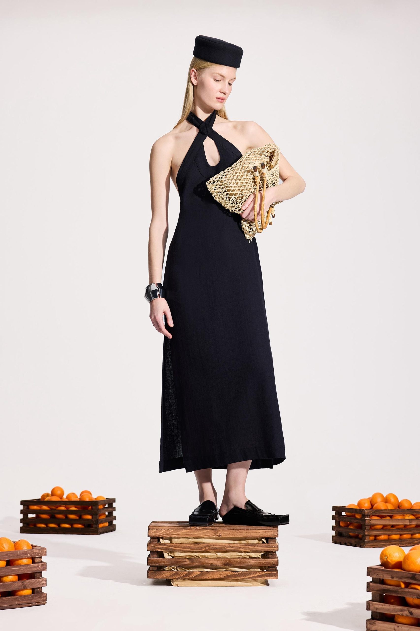 Black Linen Halter Neck Dress Midi Cottonlinen