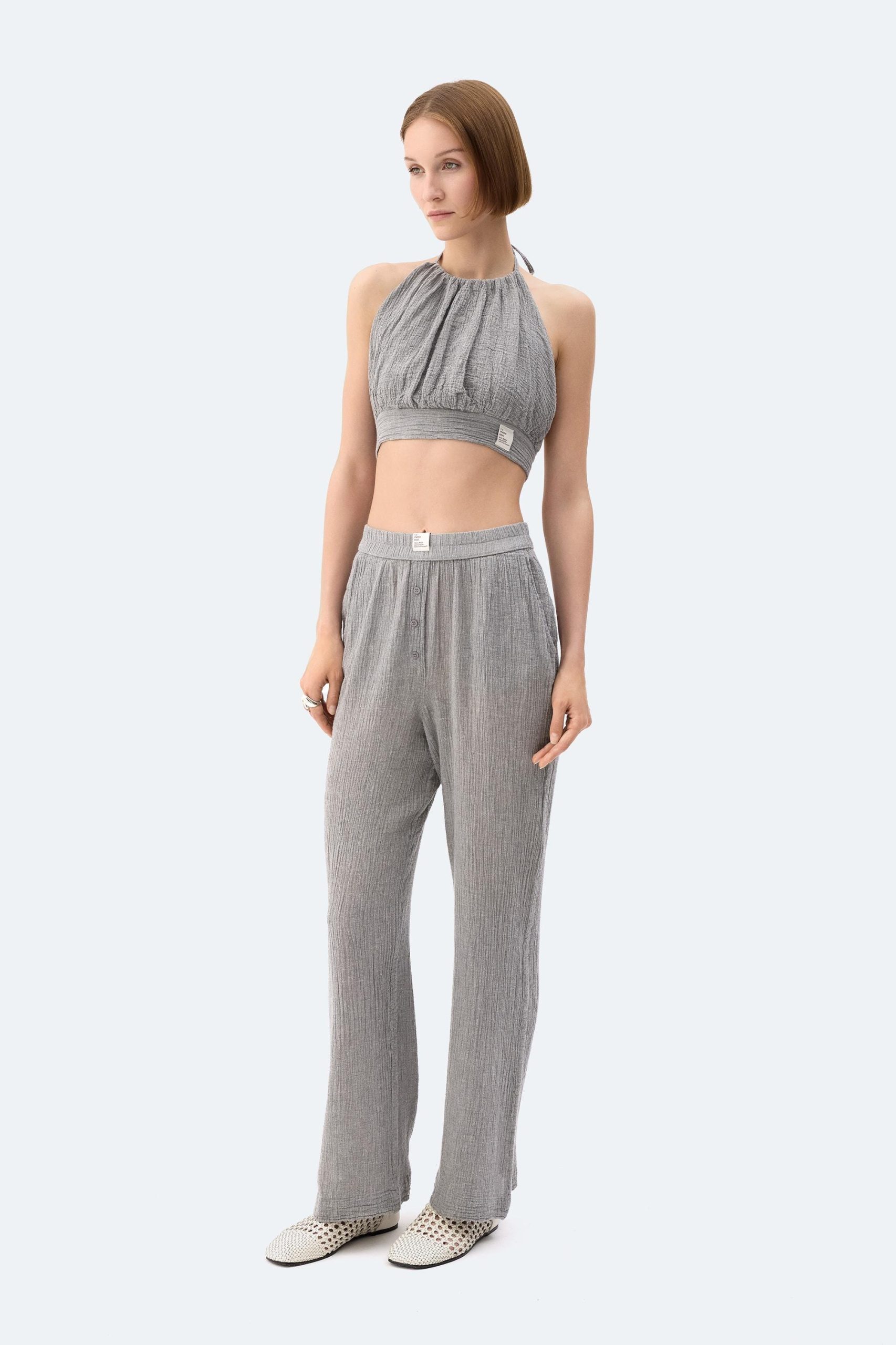 Gray Crinkle Crop Top Cottonlinen Tieback