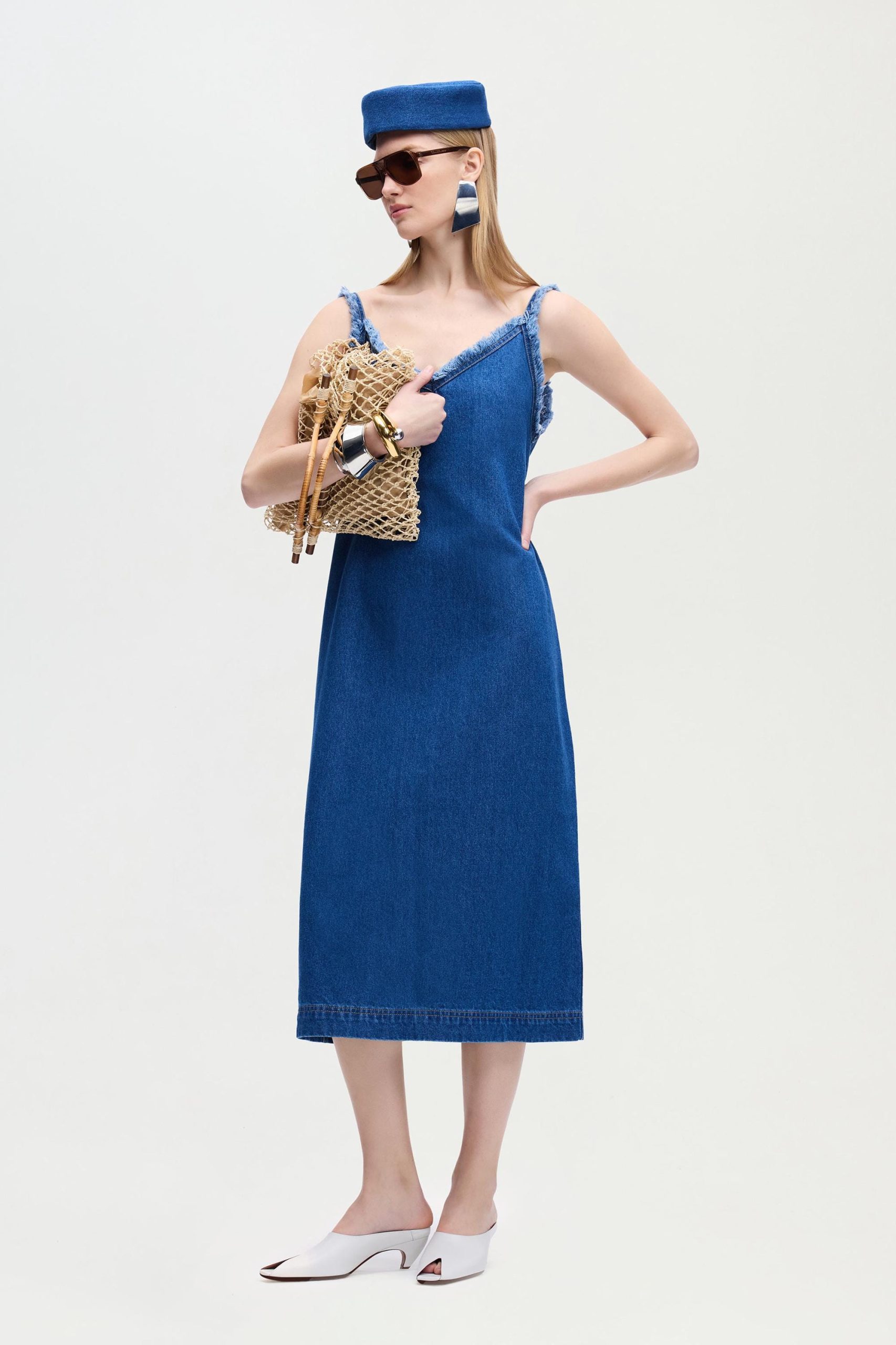 Denim Strappy Dress Lyocell Dresses Vneck Raw Hem