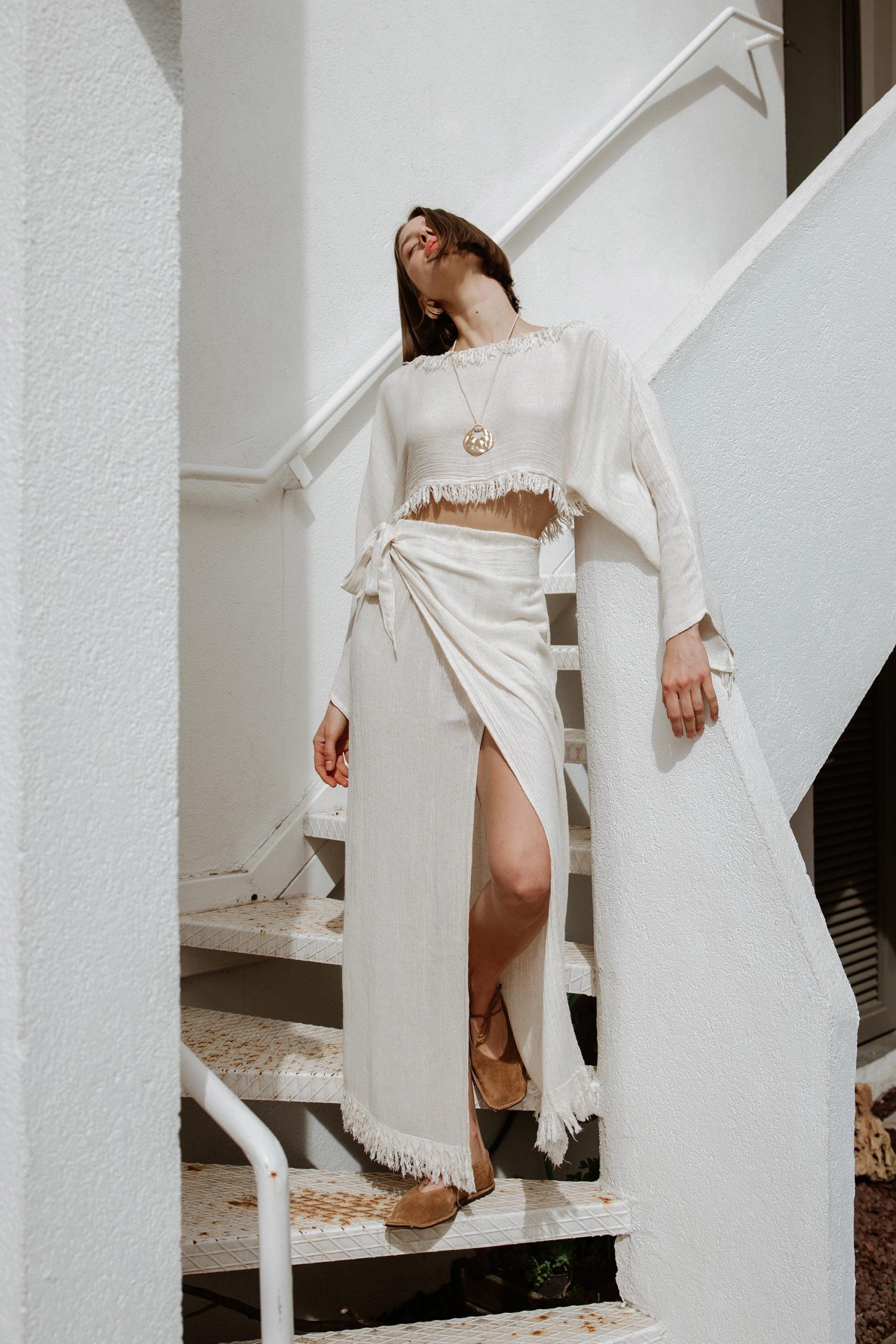 Crinkle Linen Skirt Set Lightweight Fabric Top And