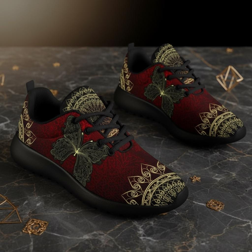 Burgundy Butterfly Mandala Sneakers: Custom Canvas Shoes